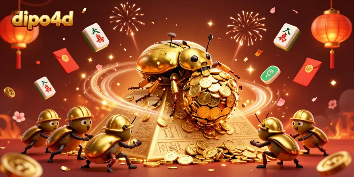 Experience the excitement of dipo4d with golden beetles rolling coins and vibrant casino elements.