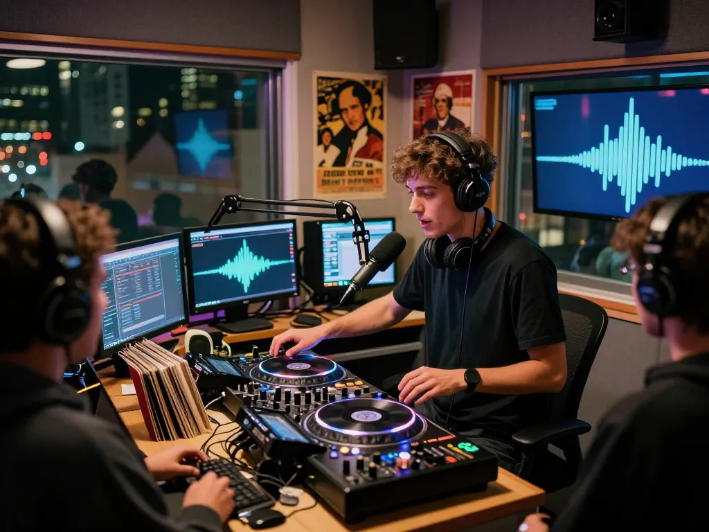 DJ di stasiun radio hotplay91 mengatur musik di studio yang cerah dengan lampu LED