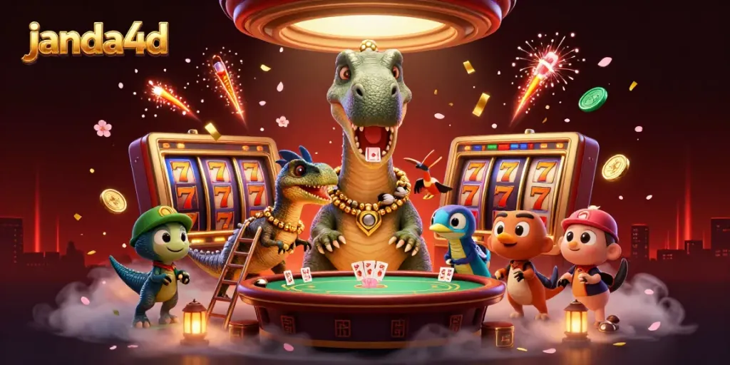 JANDA4D menunjukkan brontosaurus besar di kasino dengan permainan slot, memberikan kesan meriah.