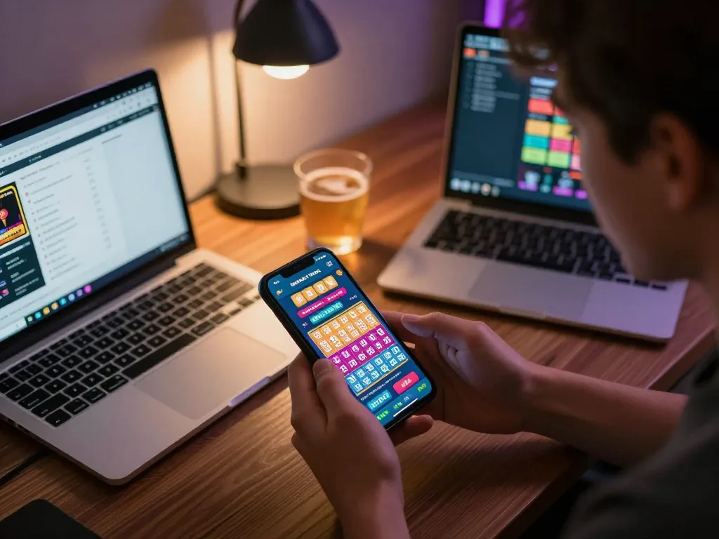 Engaged player using bandar togel app on smartphone, modern gaming setup.