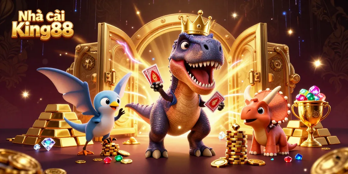 The vibrant scene featuring Nhà cái King88, where a T-Rex shuffles cards with a pterodactyl assistant surrounded by treasures.