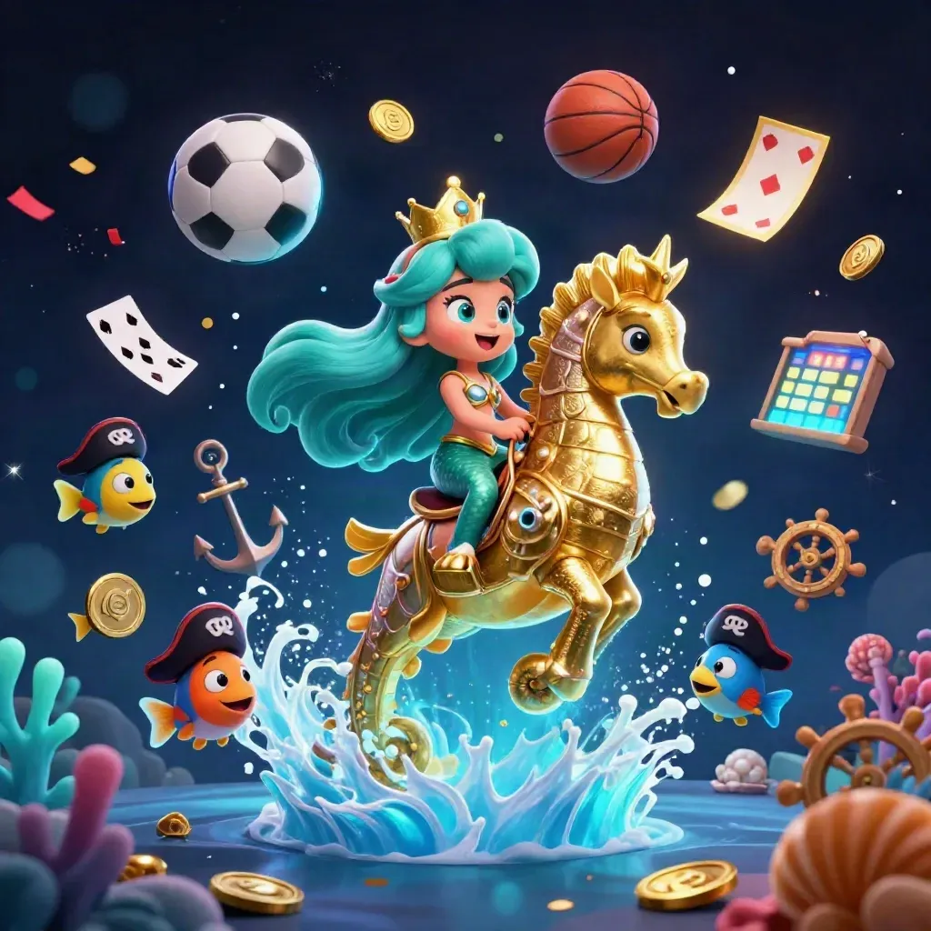 Mermaid princess on golden seahorse amid pirate fish, balls, coins, and glowing underwater casino magic.