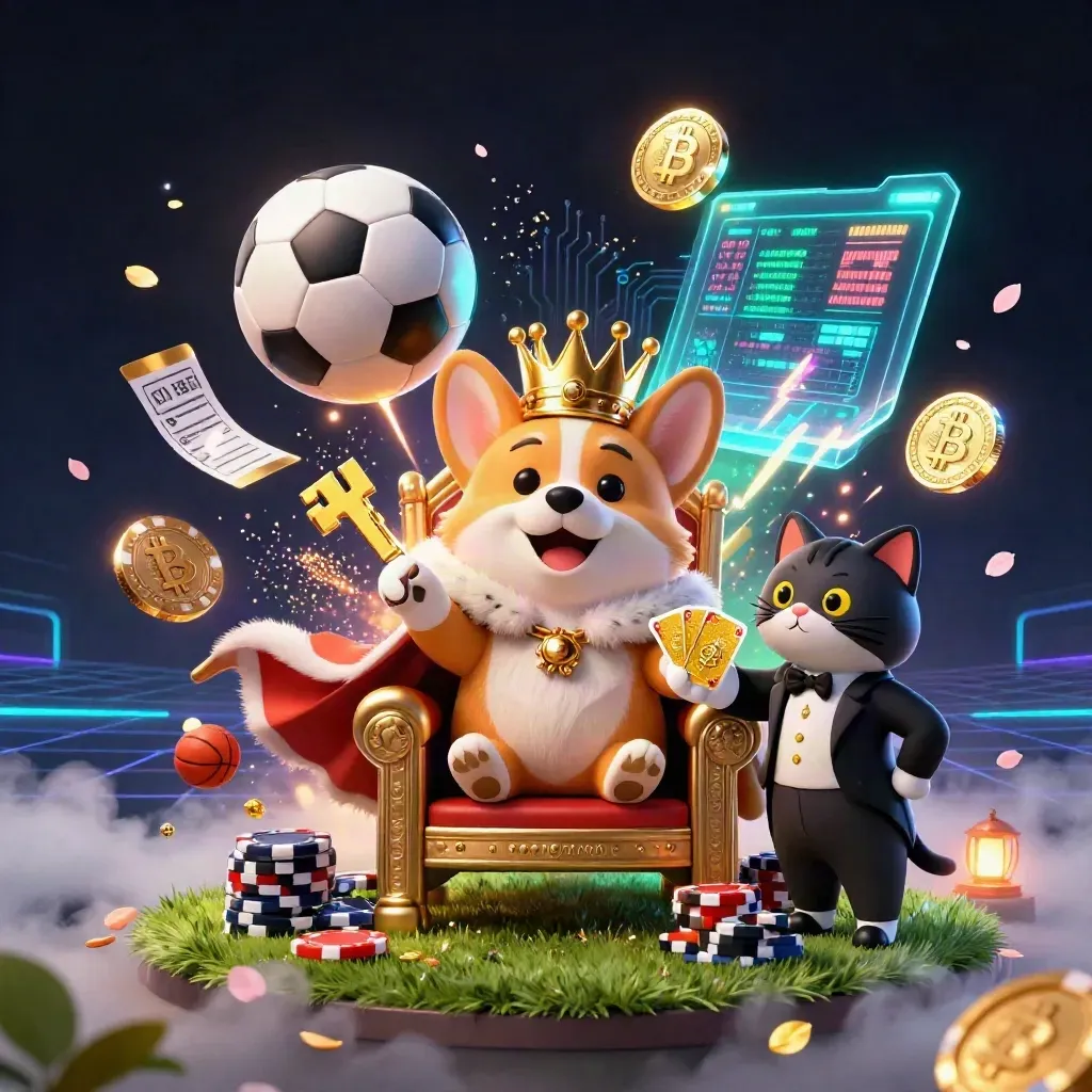 Crowned corgi and cat butler amid flying sports balls, coins, neon effects, and casino fantasy