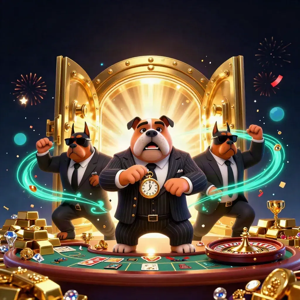 Bulldog boss and two Dobermans burst from a golden vault amid casino riches and neon effects.