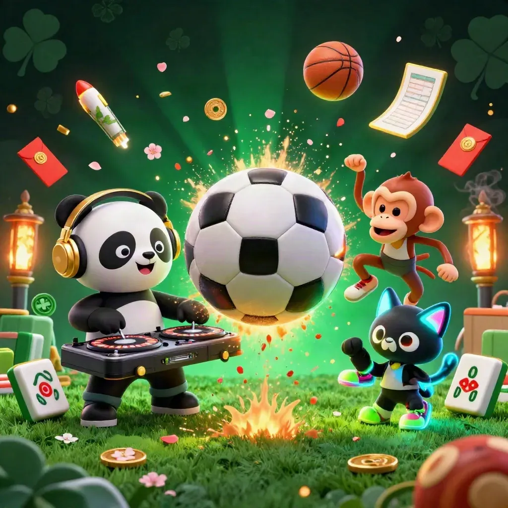 Ground-level soccer blast with neon cartoon mascots, casino props, and flying turf in emerald light