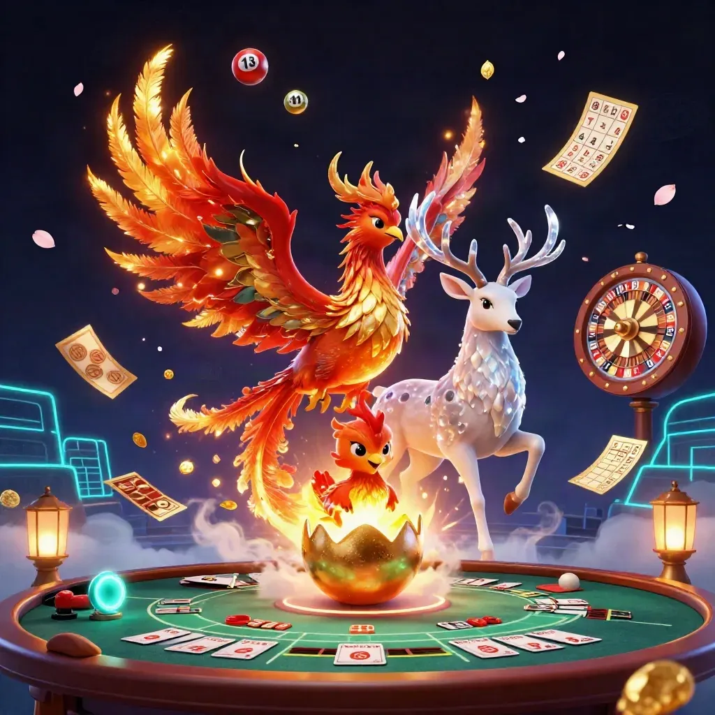 Phoenix, stag and baby phoenix amid neon casino magic on a dark hero tile.