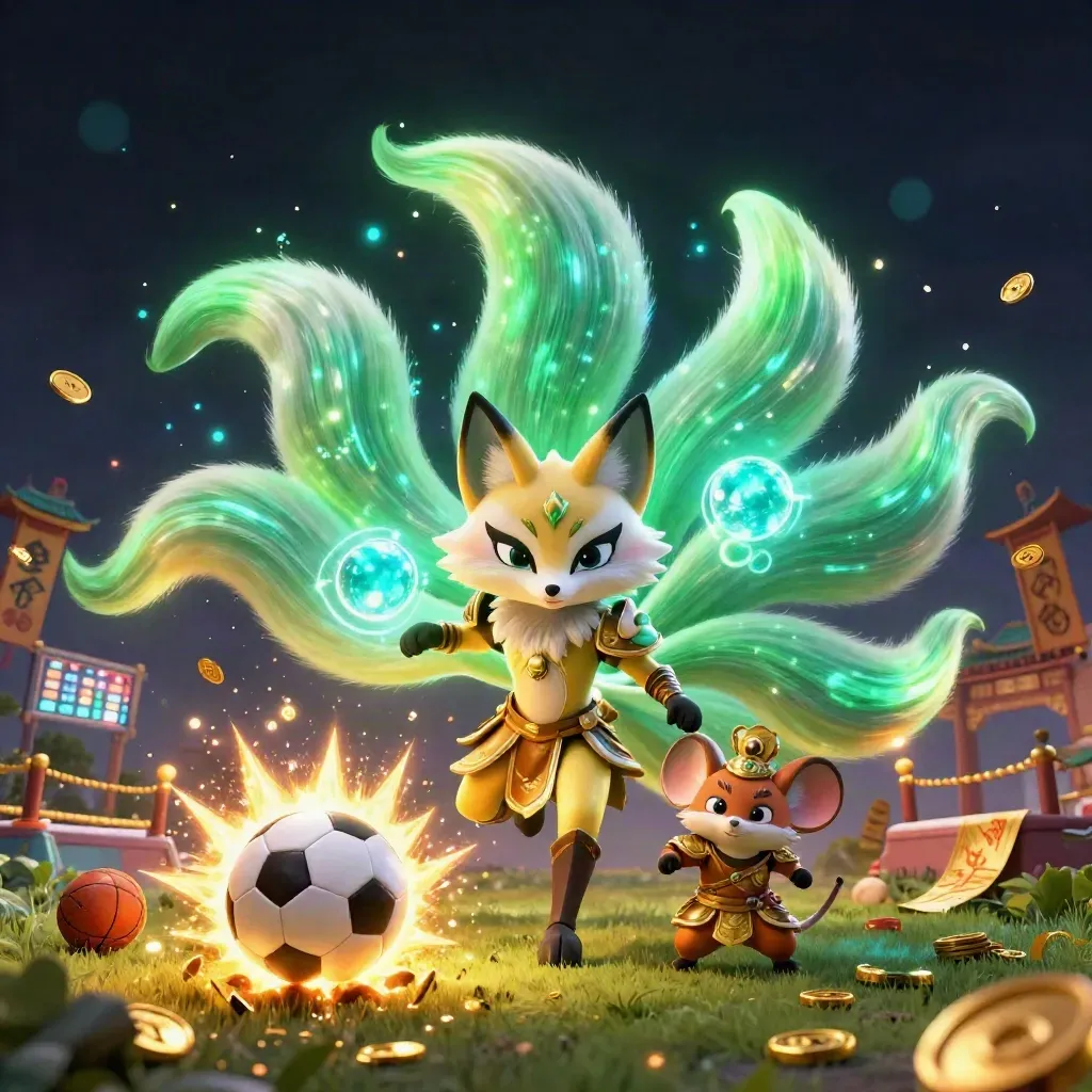 Fox spirit and samurai mouse amid neon casino sports chaos, coins, banners, and glowing light.