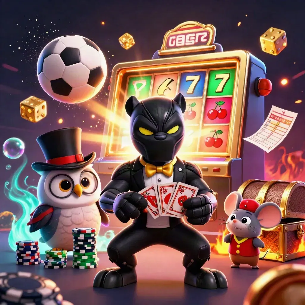 Panther, owl and mouse amid casino bursts, dice, slot machine, and sports balls in neon light.