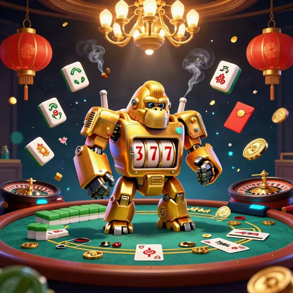 Golden gorilla slot mech with tiny pilot amid neon casino effects and lucky charms.