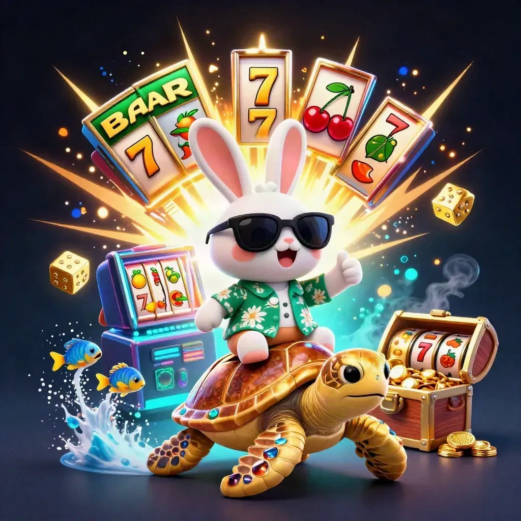 Lucky rabbit on a gold turtle amid exploding casino gems and slot icons