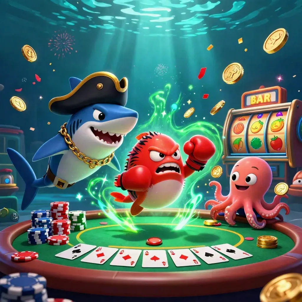 Pirate shark, boxing pufferfish, and coin-juggling octopus amid neon casino treasure underwater.