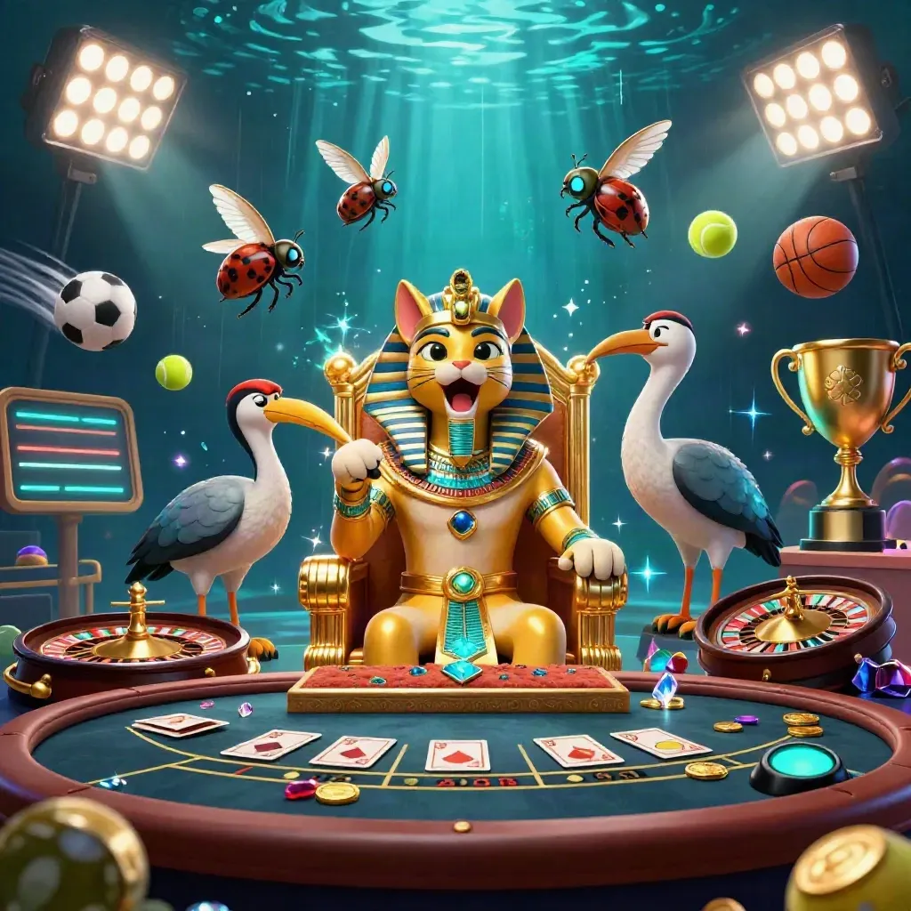 Pharaoh cat, ibis scribe and gem-winged scarabs amid casino lights, balls and roulette glow.