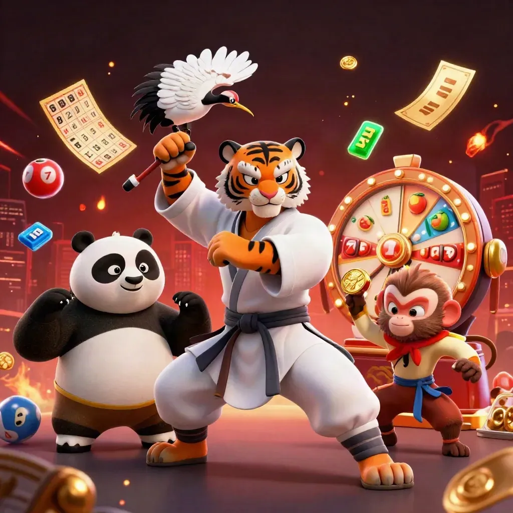 Tiger, panda, and monkey burst amid casino props, gold tickets, neon sparks, and a cyan glow.