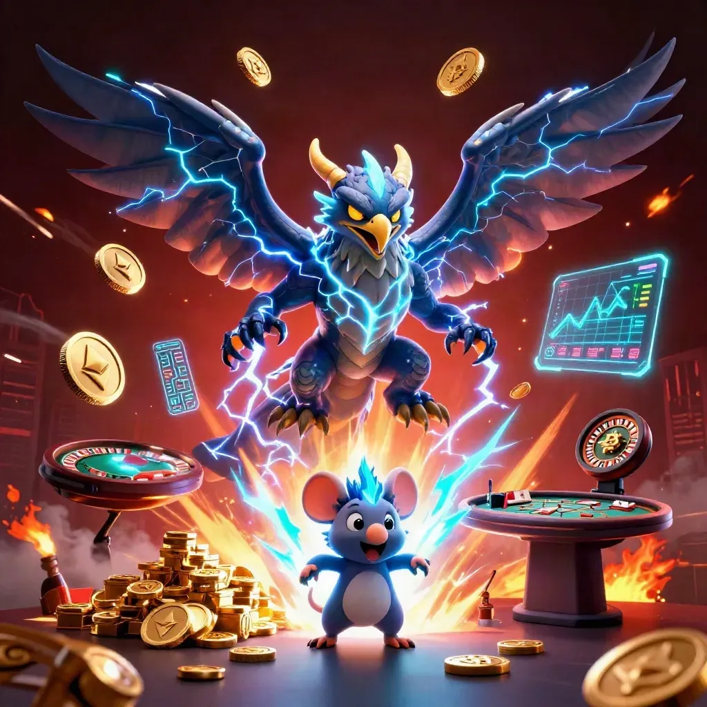 Thunder dragon, wind hawk, and thunder-mouse amid coins, neon gaming icons, and casino sparks.