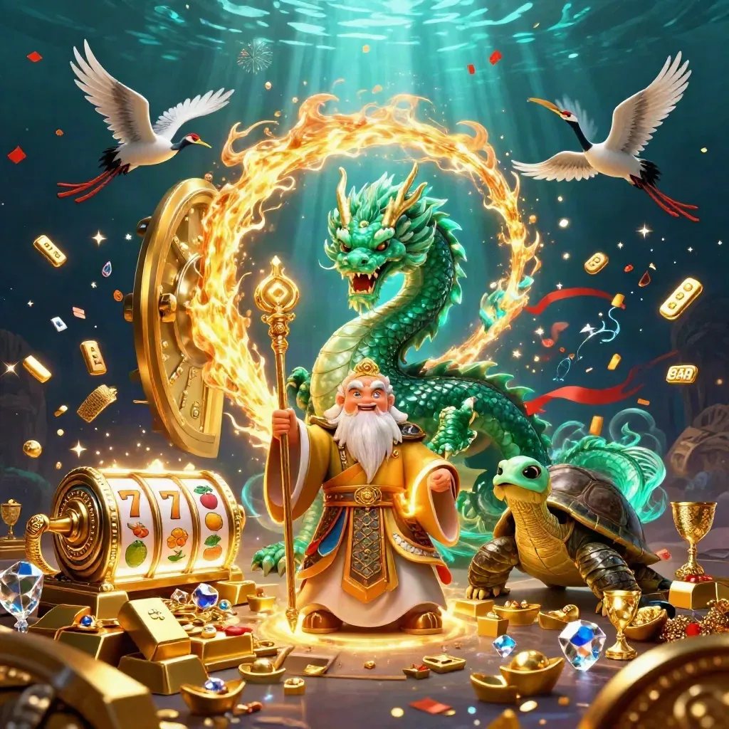 Jade dragon, turtle sage, and ribboned cranes amid vault treasure, neon fire, and casino magic.