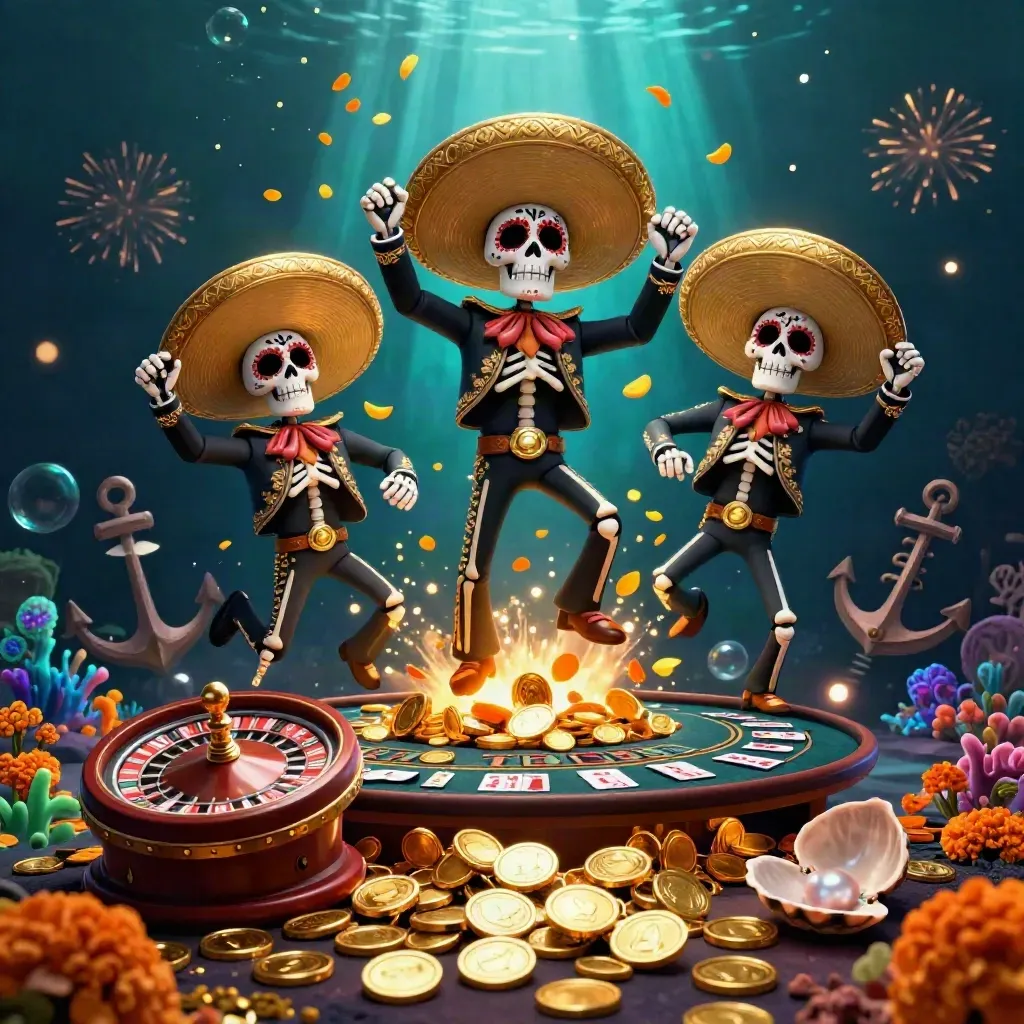 Skeleton mariachi trio in a neon underwater casino treasure cove with coins, cards, and roulette wheel.