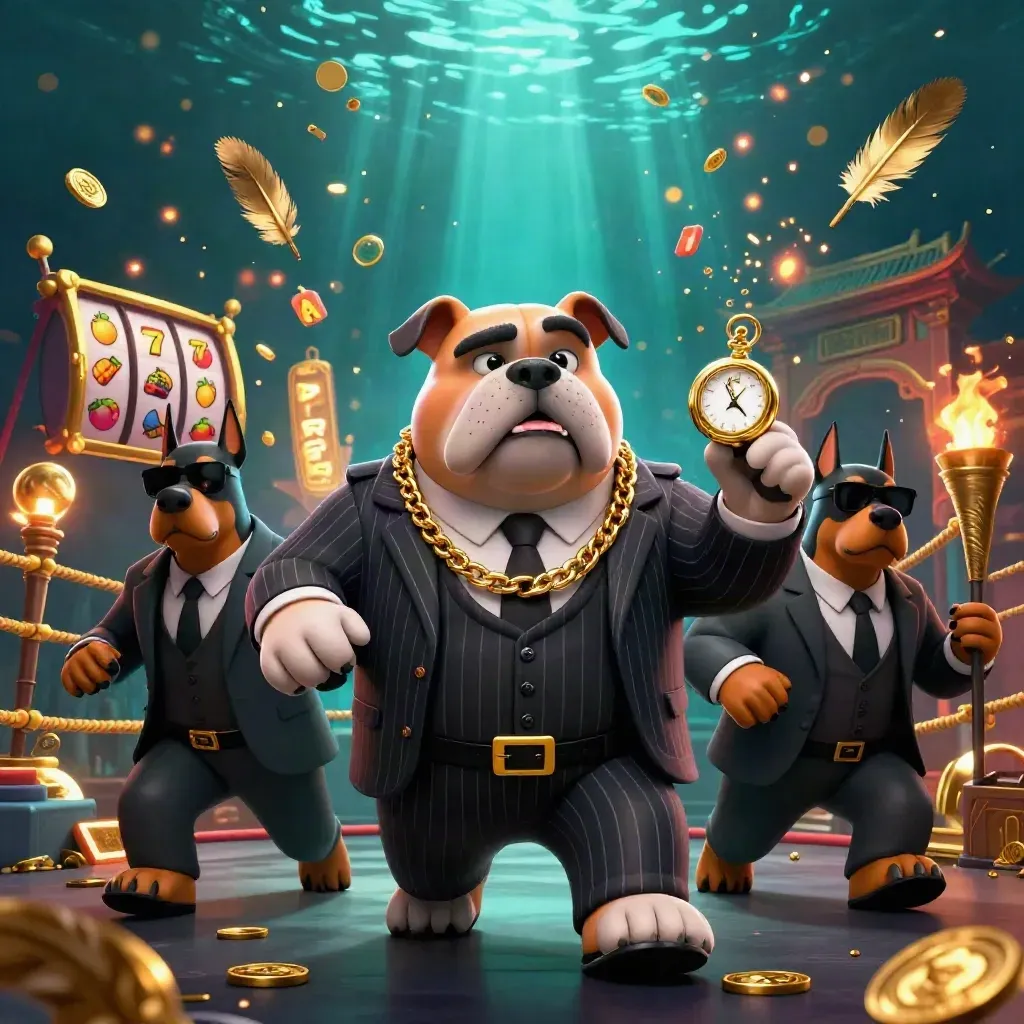 Bulldog mafia boss with two Dobermans amid coins, reels, feathers, and neon casino chaos.
