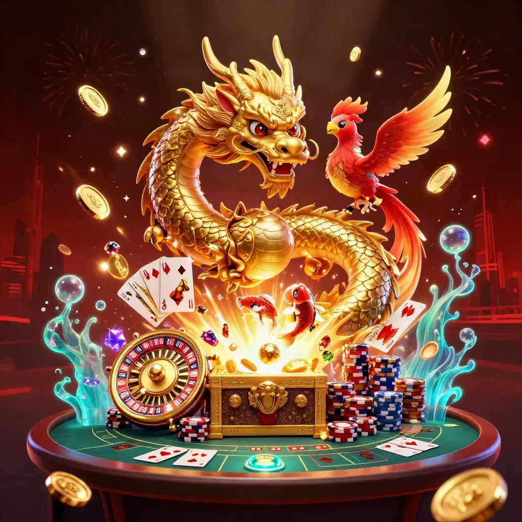 Golden dragon, phoenix and koi amid coins, chips, roulette and neon casino lights.