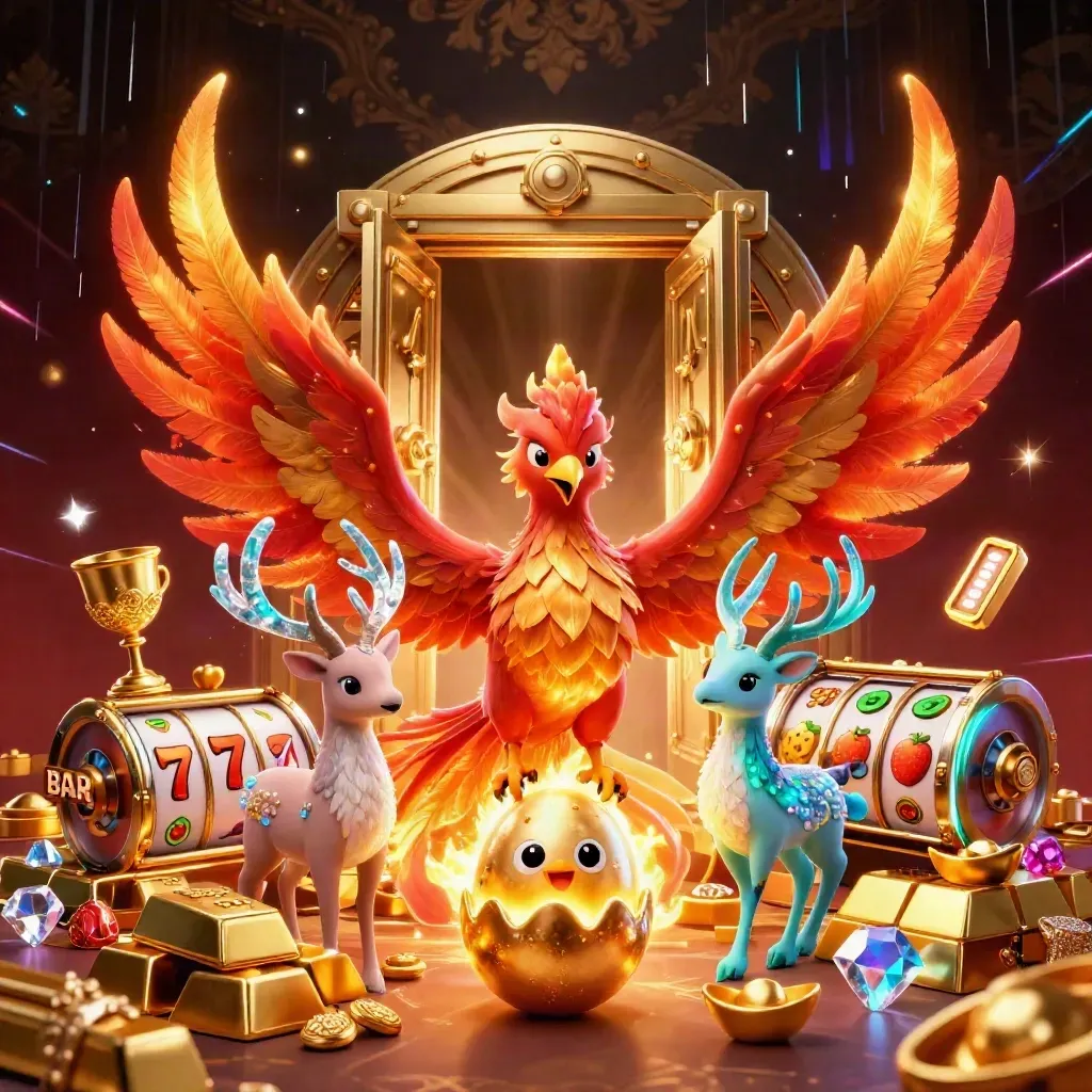 Fire phoenix, hatching chick, and crystalline stag amid casino vault riches and neon effects.