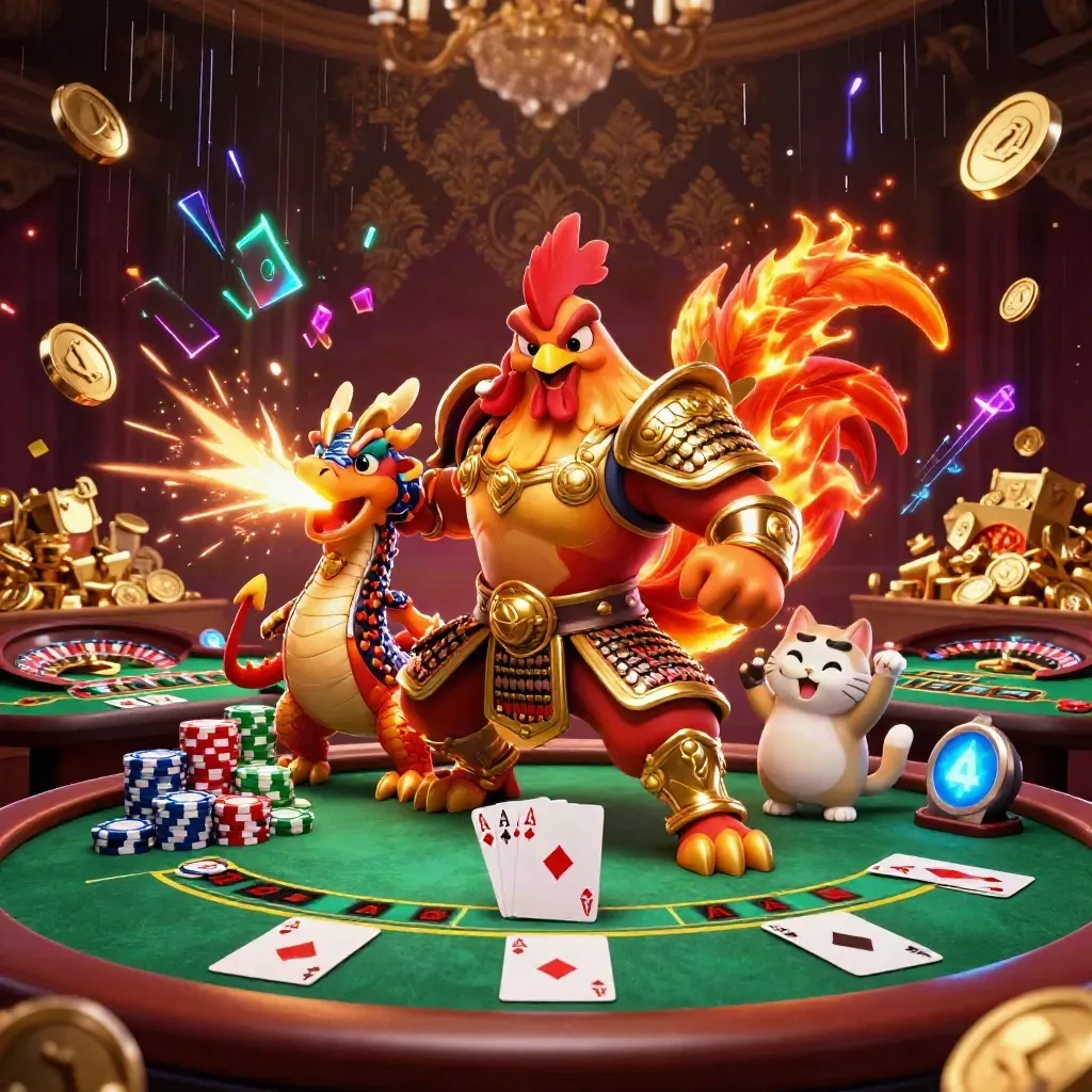 Samurai rooster, spark-breathing hatchling and cheering lucky cat amid casino coin storm