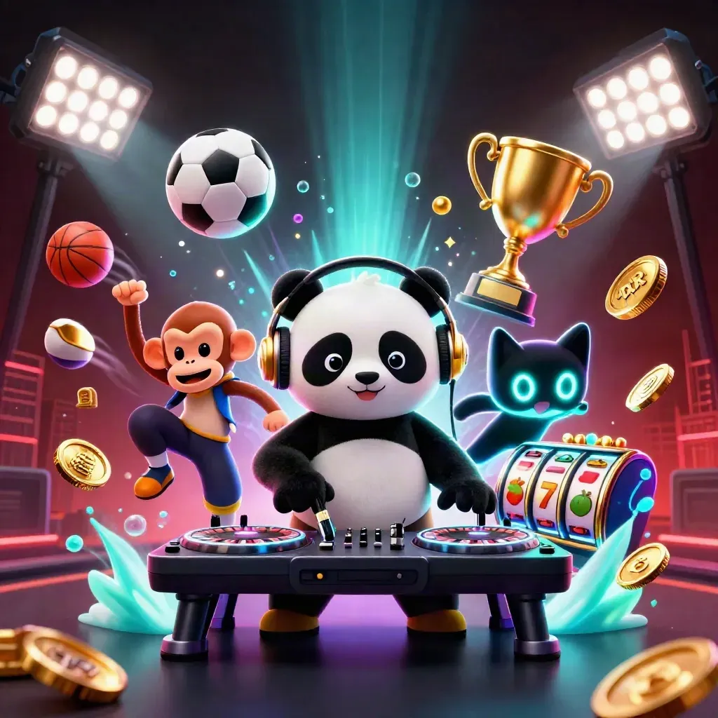 DJ panda, breakdancing monkey, and glow-stick kitten amid roulette wheels, coins, balls, and neon casino light