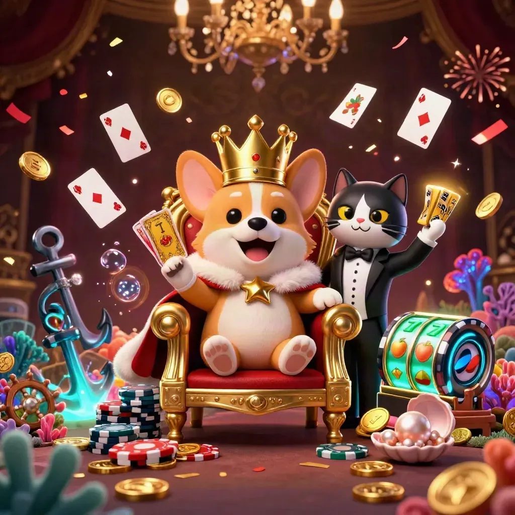 Crowned corgi king and cat butler amid casino treasure, coins, coral, cards, and glowing jackpots.