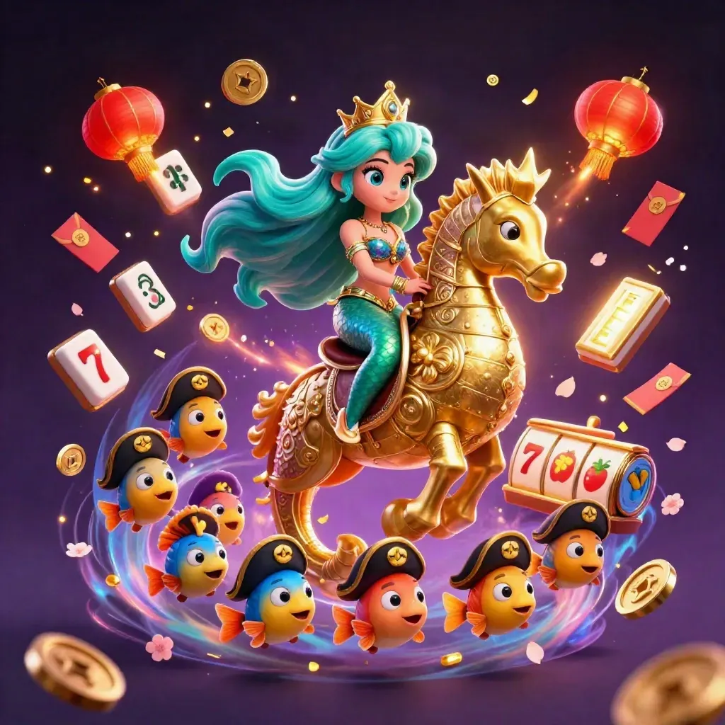 Mermaid princess on armored seahorse amid casino symbols, lanterns, coins, and glowing effects.