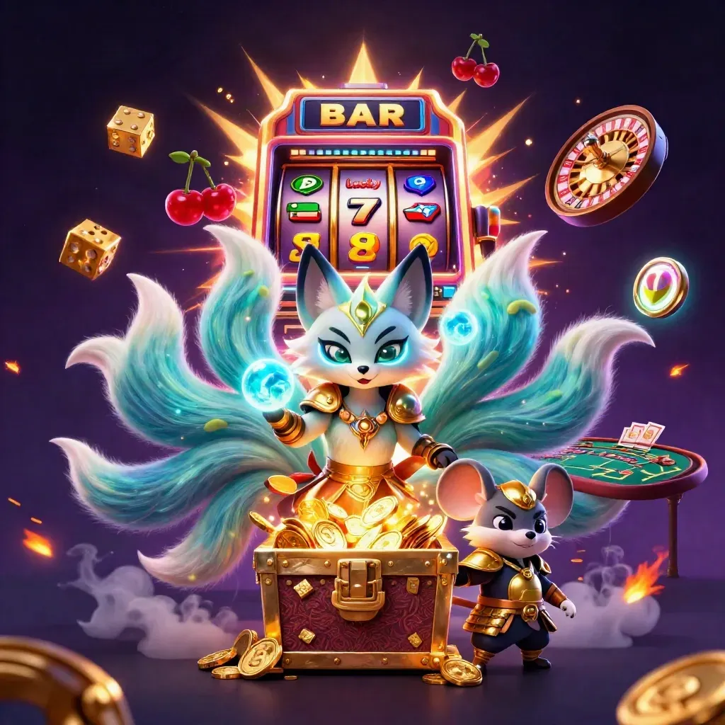 Fox spirit and samurai mouse amid jackpot burst, cashout chest, slot machine, chips, and neon casino lights.