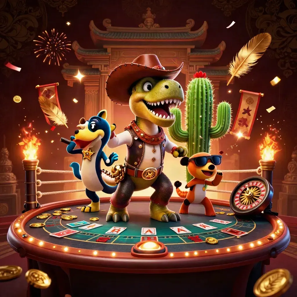 3D cowboy T-Rex, cactus sidekick, and roadrunner amid casino rings, coins, and neon sparks.