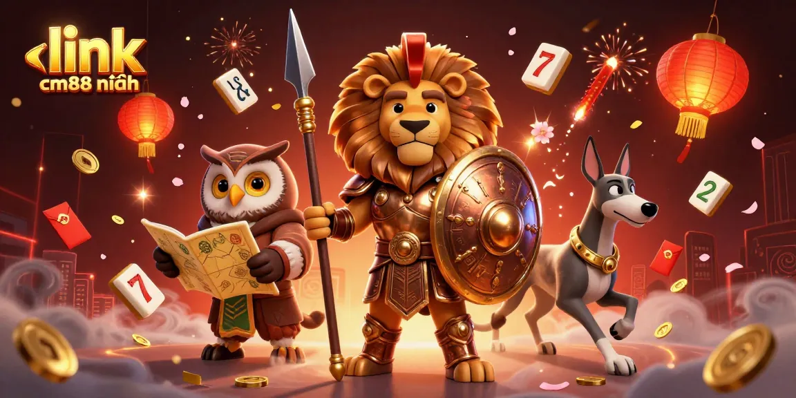 Engage with link cm88 mới nhất and enjoy thrilling casino scenes featuring a lion, owl, and greyhound surrounded by casino elements.