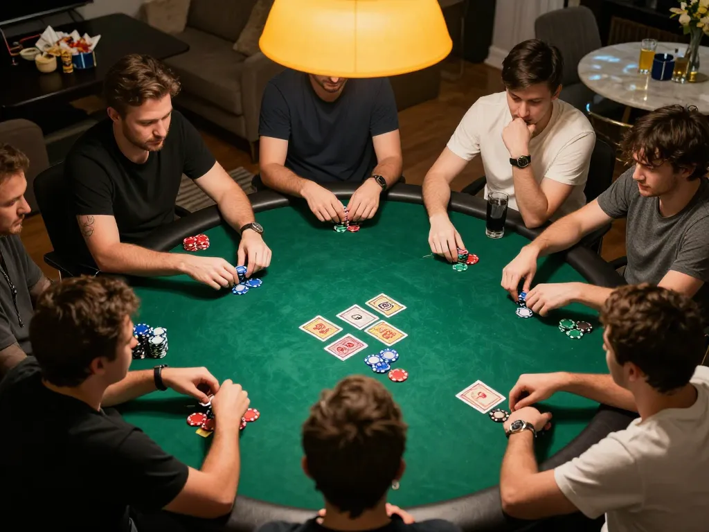 Players enjoying a strategic poker game at home featuring the popular 98win platform, emphasizing social and competitive atmosphere.