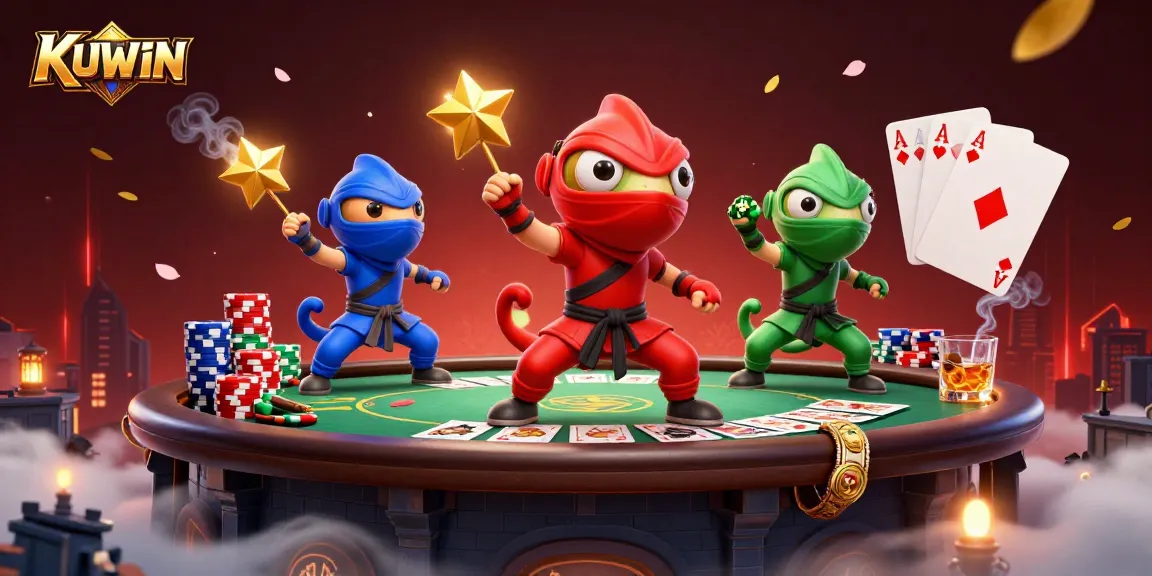 KUWIN casino scene featuring colorful chameleon ninjas performing martial arts with poker elements.