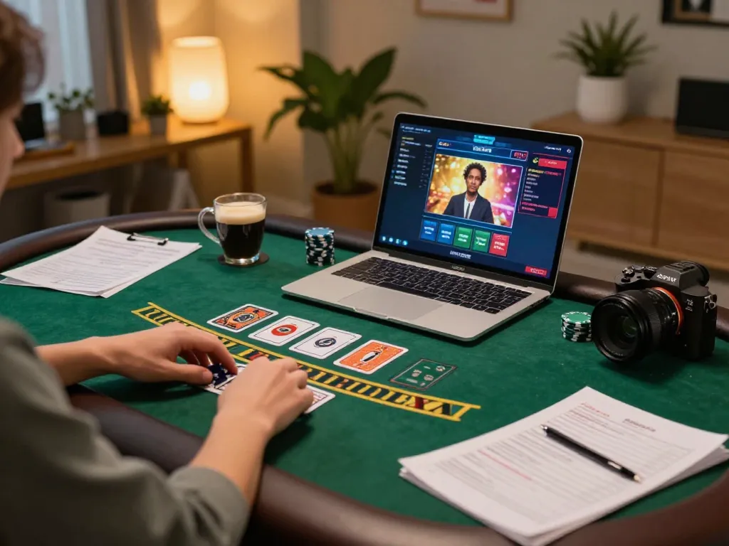 Engaging in a live dealer blackjack game on kkwin in a cozy home setting, focusing on strategy.