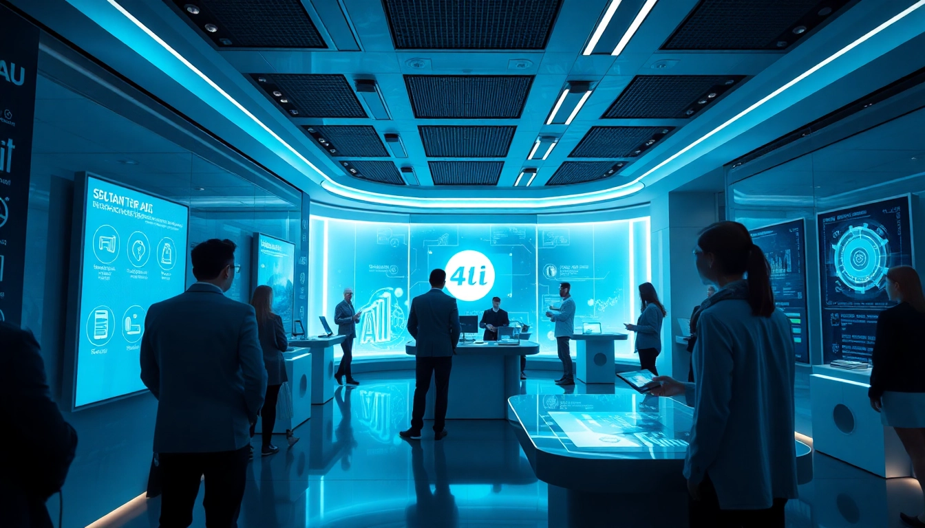 Explore cutting-edge AI technology solutions in a futuristic showroom with the focus on innovations for ia +18 users.