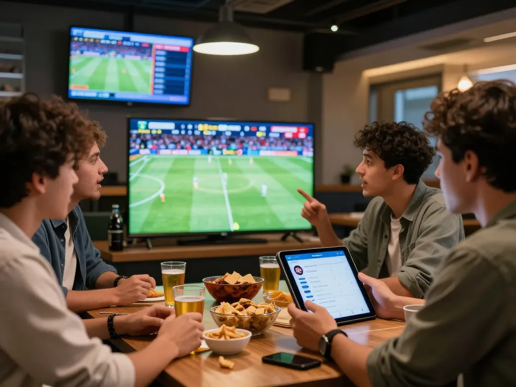 Fans celebrating live football scores with the nowgoal app in a vibrant sports lounge.