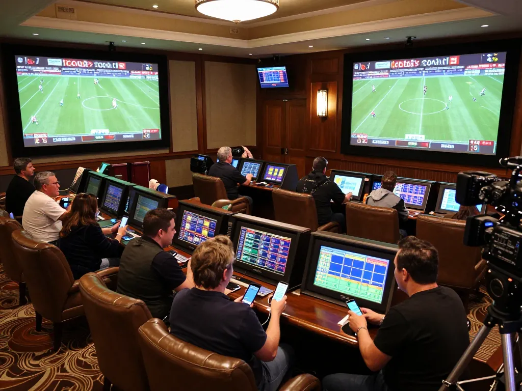 Socolive sports betting enthusiasts engaging with live match displays in an upscale lounge atmosphere.