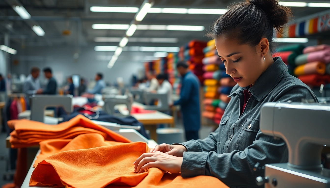OEM clothing manufacturers demonstrating garment crafting skills in a vibrant factory.