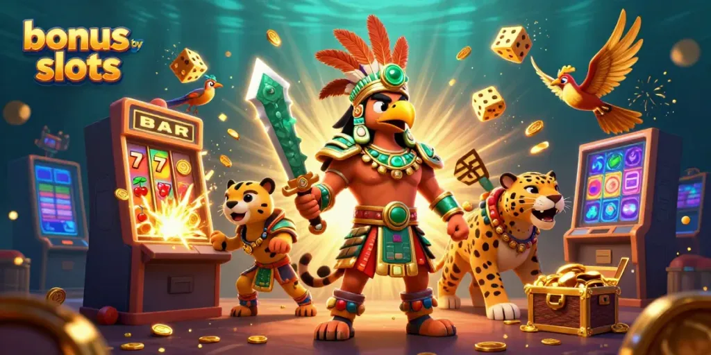 Experience thrilling bonus buy slots action with vibrant 3D characters and dynamic casino elements erupting around them.