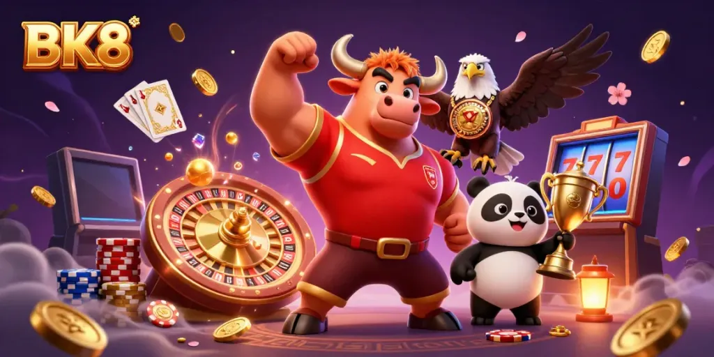 Join the excitement of BK8 as a muscular bull celebrates a big win, surrounded by casino elements and vibrant energy.
