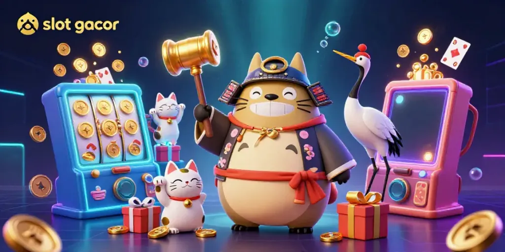 Engage with exciting slot gacor games in this vibrant casino illustration featuring a cheerful tanuki.
