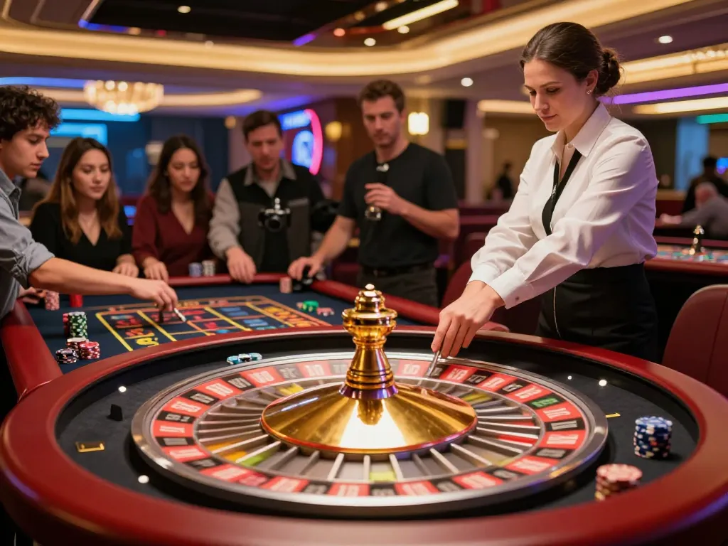 Engaged players at a dynamic VK88 roulette game, displaying excitement and chips in a modern casino environment.