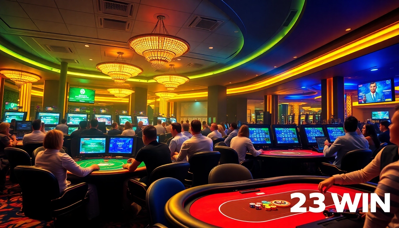 23WIN online casino players enjoying a vibrant gaming experience in a luxurious setting.