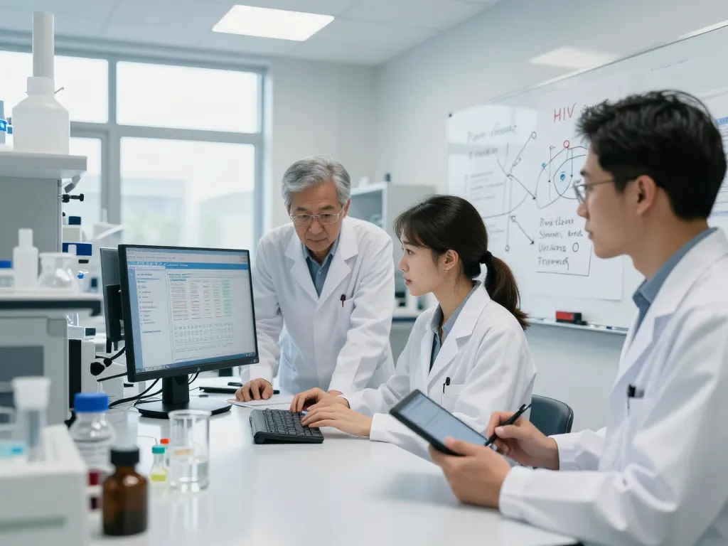 MB66 research team in modern lab analyzing HIV prevention technology.