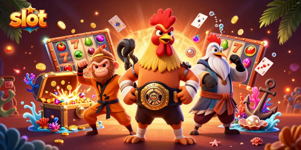Slot penuh warna dengan simbol buah dan jackpot, dikelilingi karakter menarik dalam ilustrasi 3D.