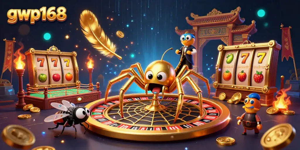 Permainan slot menarik di gwp168 dengan laba-laba emas dan meja roulette yang megah.
