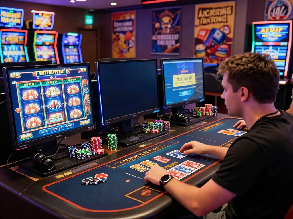 Engaged player at a computer desk immersed in akunjp online gaming experience with vibrant slot graphics.