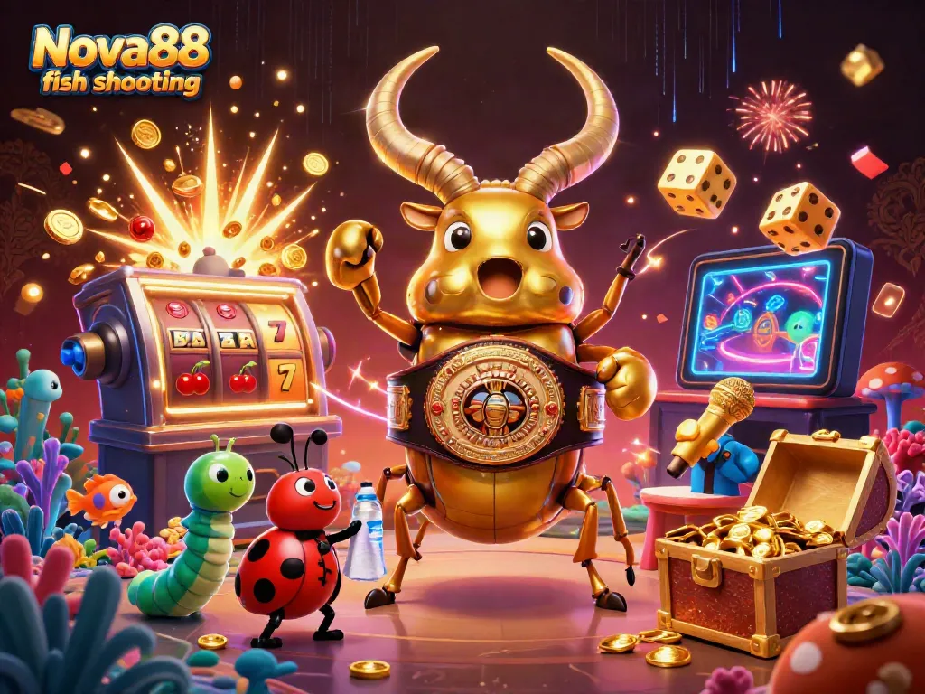 Nova88 fish shooting showcasing a dynamic underwater scene with vibrant characters and exciting casino elements