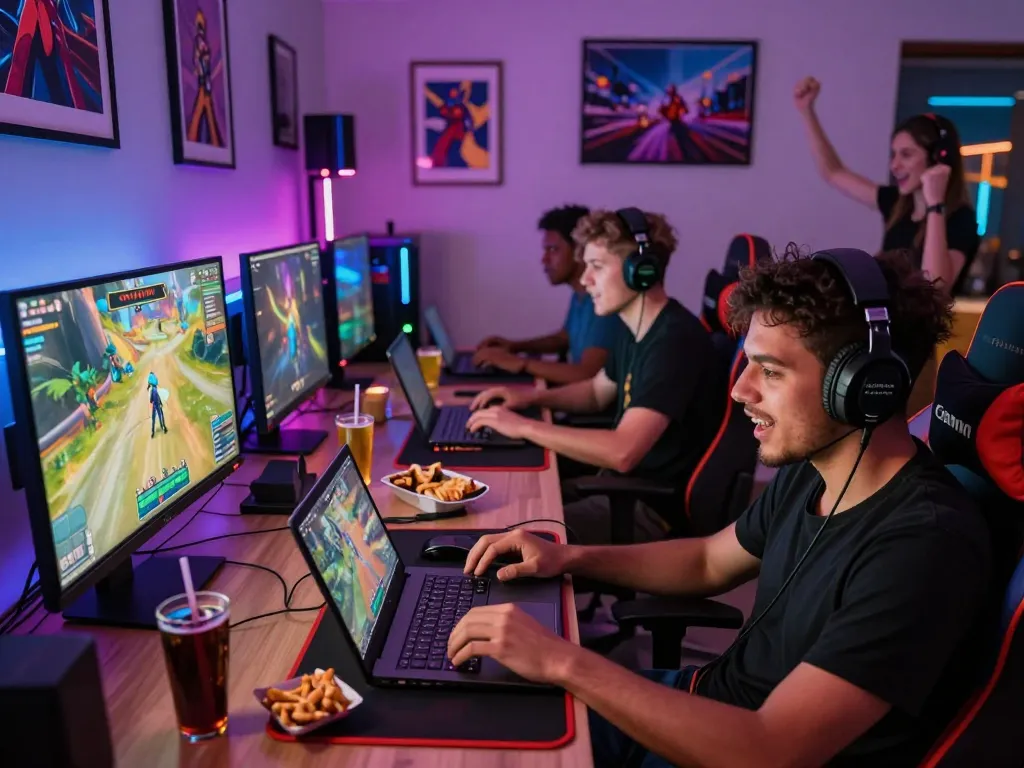 sunwin tải gaming experience with friends in a vibrant room featuring modern tech and gaming decor