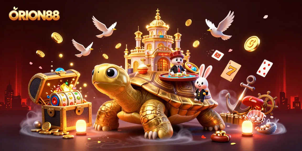 Experience ORION88 with a golden tortoise casino, jackpot reels, and vibrant treasures!