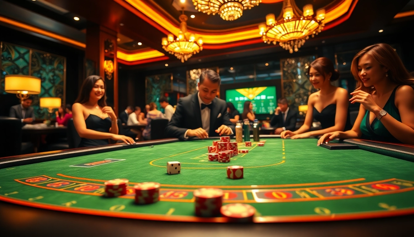 Experience thrilling gameplay at https://taixiumd5.fan/, featuring a luxurious Tài Xỉu casino table with excited players.
